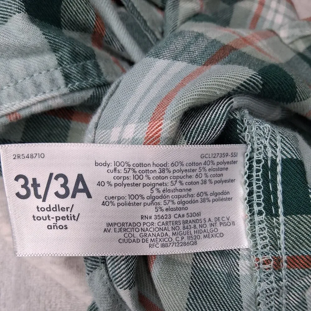 Carters Toddler Boys 2 Piece Set Plaid Hooded Flannel Shirt and Gray Pants 3T